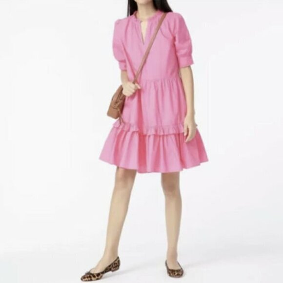 J. Crew Dresses & Skirts - J. Crew Pink Ruffleneck Tiered Cotton 3/4 Sleeve Popover Dress
